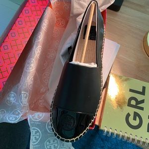 Tory Burch Black Leather Espadrille Flats
